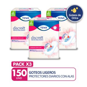PACK X3 Protectores Diarios TENA Discreet Largos con Alas Paquete 50un