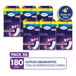 PACK X6 Toallas higiénicas TENA Discreet Maxi Nocturno Paquete 30un