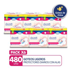 PACK X6 Protectores Diarios TENA Discreet Largos con Alas Paquete 80un