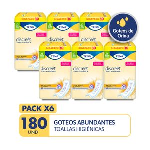 PACK X6 Toallas higiénicas TENA Discreet Maxi Paquete 30un